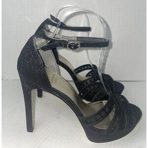 Adrianna‎ Papell Heels Size10M Black Stiletto Glitter Ankle Strap Evening Shoes
